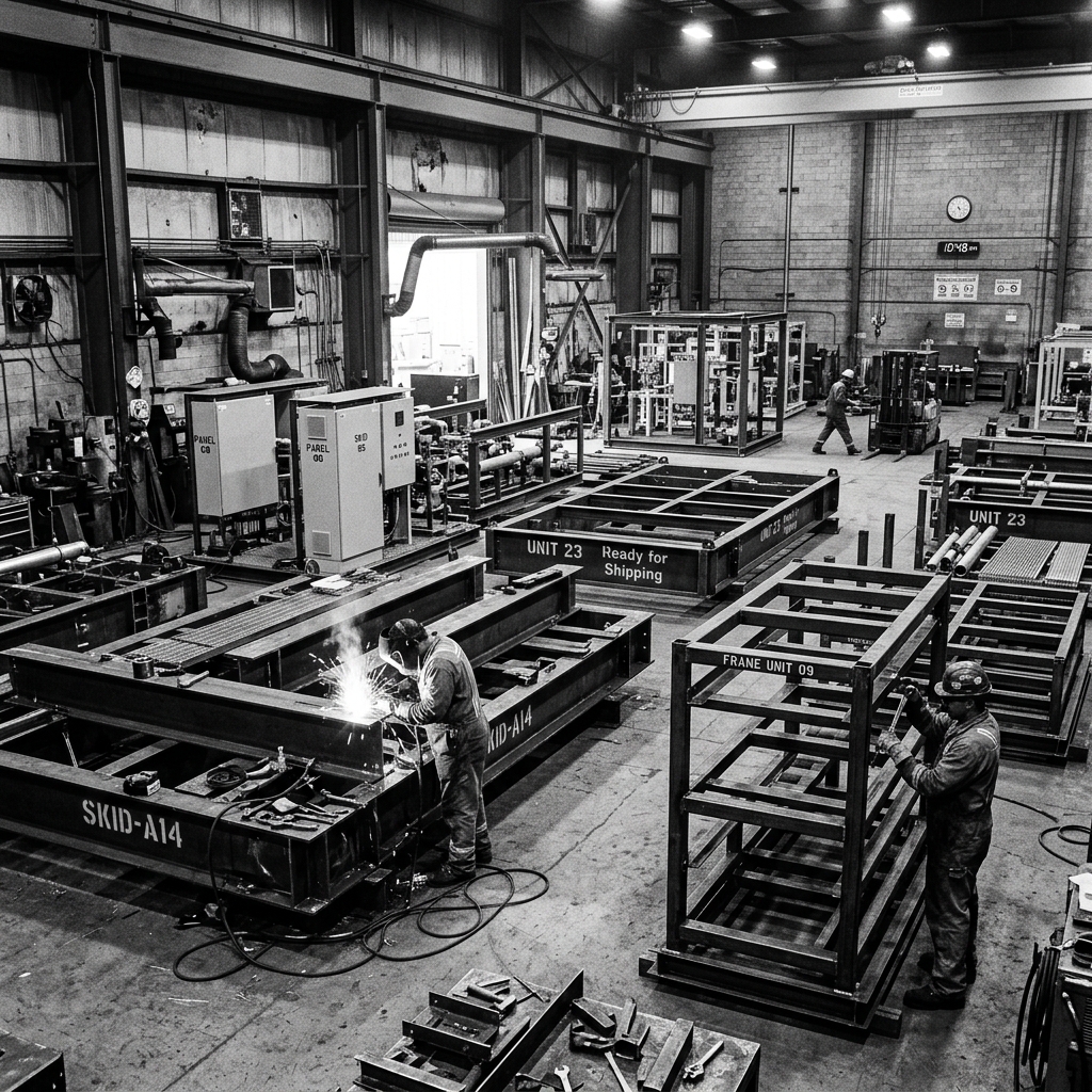 Modular steel assemblies being fabricated in workshop